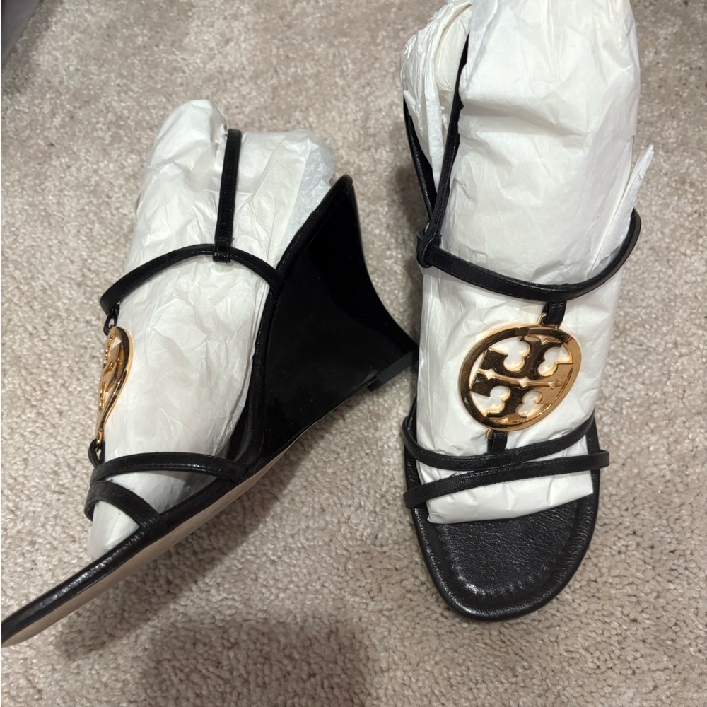 Tory Burch Black and Gold Women's Wedge Sandals